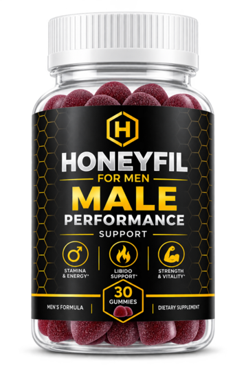 Bottle of HoneyFil men's vitality gummies, 30 count dietary supplement