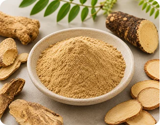 Bowl of tan botanical extract powder with roots, representing L-carnitine and Vitamin B3