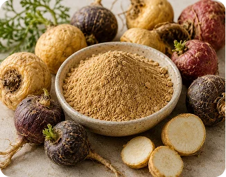Bowl of maca root powder surrounded by fresh maca roots