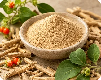 Bowl of botanical powder with roots and dried botanicals representing saffron stigmas extract