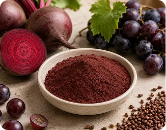 Bowl of dark red grape skin extract powder next to fresh grapes